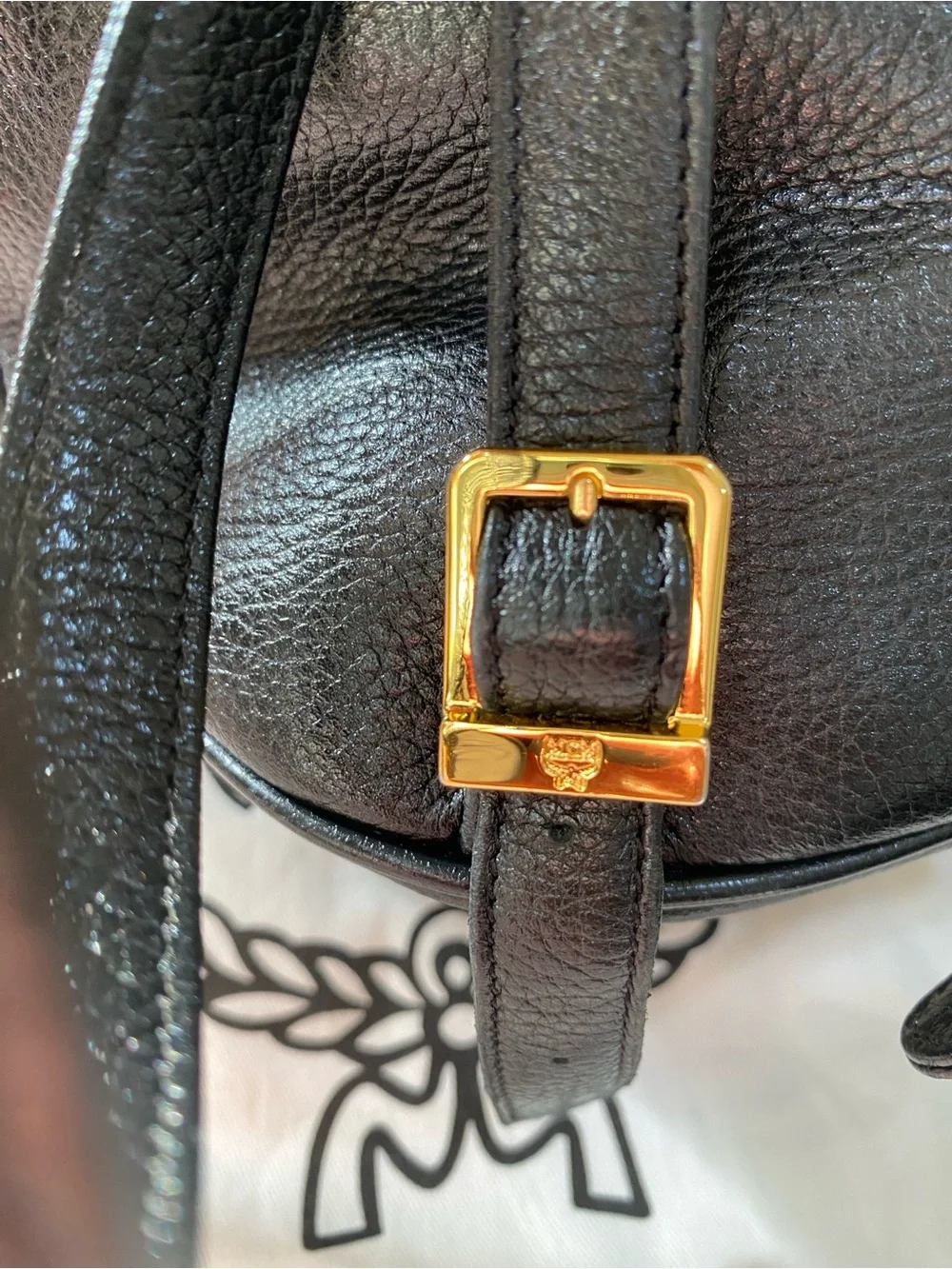 MCM Black Leather Mini Backpack with Gold Hardware Accents